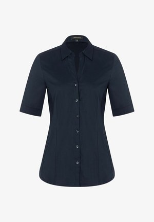 Navy short-sleeve blouse with a collared neckline, front button closure, and a smooth, slightly textured fabric. Features fitted silhouette.