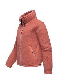 Giacca in fleece rosa polveroso con colletto alto, chiusura con zip, due tasche laterali e polsini a costine per calore e comfort.
