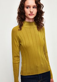 Olivgrüner, gerippter Pullover mit hohem Kragen, langen Ärmeln und strukturierten Streifen. Figurbetontes Design mit einem glatten, weichen Finish.