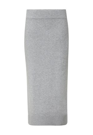 Gray knit pencil skirt with a stretchy waistband and ribbed hem. Smooth texture, fitted shape, mid-length. Simple and versatile design.