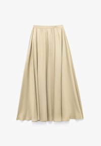 Beige, ankellång kjol med avslappnad passform, rynkad midja, slät textur och flödande tyg designat för enkel rörelse.