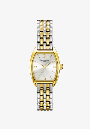 Gouden en zilverkleurige metalen horloge met een rechthoekige kast, witte textuurdial, Romeinse cijfers en een bi-kleurige armband.