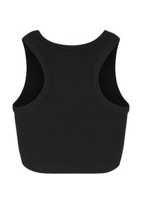 Fekete bordázott ujjatlan felső kerek nyakkivágással és széles karöltőkkel, testhezálló fazonnal és rövidített hosszúsággal. Nincsenek látható varratok.