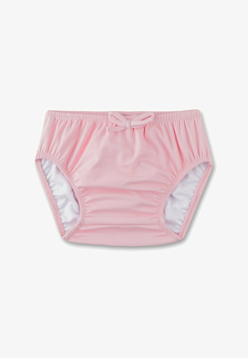 Rosa Schwimmslips mit gerafftem Gummibund, kontrastierender weißer Innenfutter und kleinem Schleifendetail an der Vorderseite. Weiche Stofftextur.