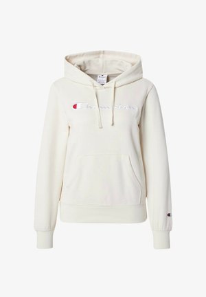 Kremowa bluza z kapturem wykonana z miękkiego materiału, z regulowanym kapturem, przednią kieszenią oraz wyszywanym logo "Champion" w kontrastowych kolorach.