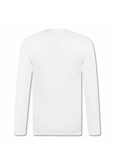 White long-sleeve shirt with a round neckline, smooth texture, and no visible patterns or embellishments on the back.