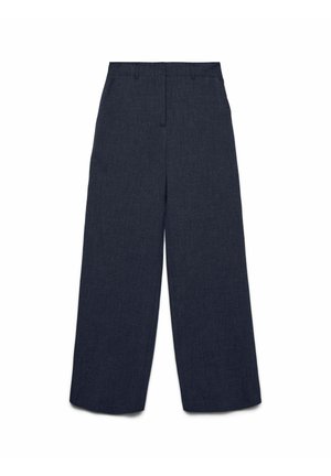 Bredde ben bukser i et mørkeblåt stof med en subtil tekstur. Har høj talje, forlommer og en skræddersyet design.
