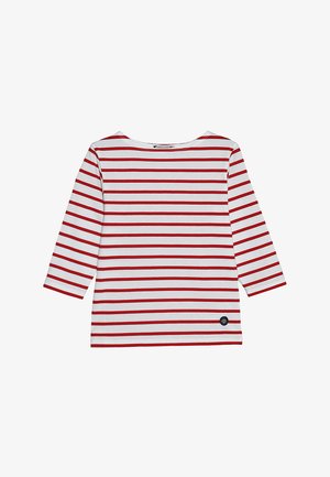 Rood-wit gestreept langarm T-shirt met een ronde halslijn en een klein zwart logodetail bij de zoom. Zachte katoenen stof.