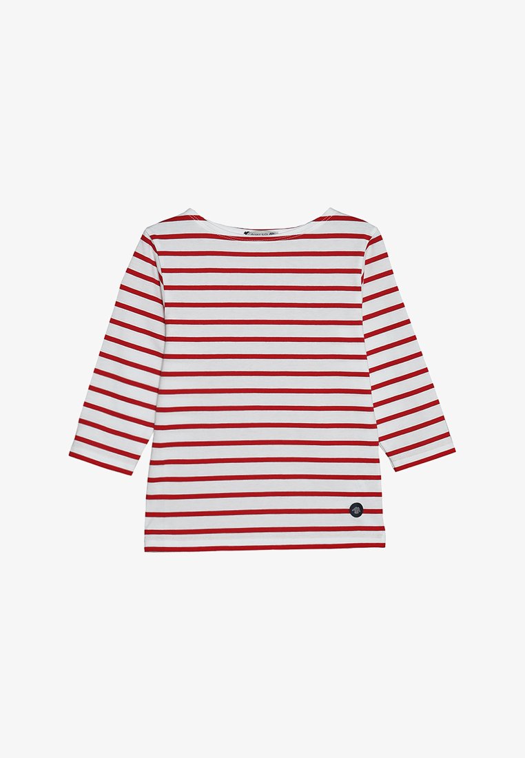 T-shirt à manches longues à rayures rouges et blanches avec un col rond et un petit logo noir près de l'ourlet. Matière en coton doux.
