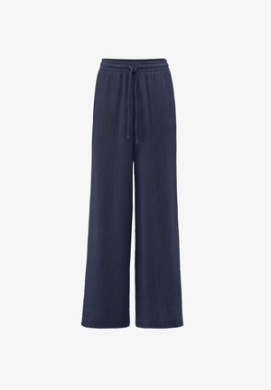 Marineblaue weite Hosen mit elastischem Bund und Kordelzug, mit einer strukturierten Stoffoberfläche.