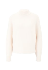 Pull en maille épaisse de couleur blanche douce, avec un col montant haut et des manches longues et larges. Texture côtelée sur l'ensemble. Coupe boxy, ajustement décontracté.