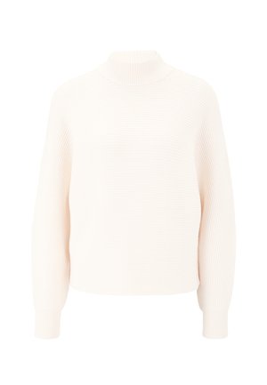 Pull en maille épaisse de couleur blanche douce, avec un col montant haut et des manches longues et larges. Texture côtelée sur l'ensemble. Coupe boxy, ajustement décontracté.