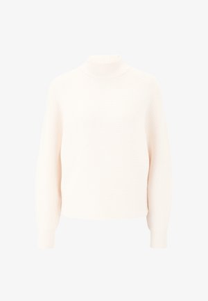 Maglione lavorato a maglia spessa in morbido bianco con un alto collo a pipistrello e maniche lunghe e larghe. Texture a coste su tutta la superficie. Forma squadrata, vestibilità comoda.