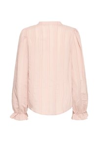 Blouse à manches longues rose clair avec poignets froncés, présentant un motif rayé texturé et un col classique. Vue de dos affichée.
