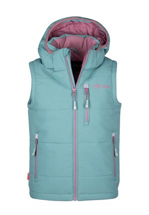 Light blue sleeveless padded vest with hood, pink zippers, and "TROLLKIDS" logo on chest, designed for children.