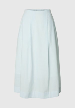 Világoskék-fehér, függőleges csíkos A-vonalú midi szoknya, szépen illeszkedő derékrésszel és finom redőkkel.