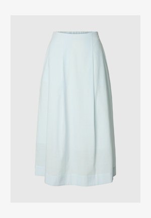 Világoskék-fehér, függőleges csíkos A-vonalú midi szoknya, szépen illeszkedő derékrésszel és finom redőkkel.