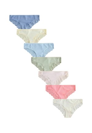 Seven pairs of lace-trimmed women's underwear in pastel colors arranged diagonally on a white background.