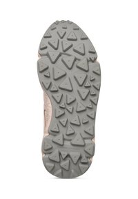 Semelle de chaussure avec une base en caoutchouc gris dotée de motifs en forme de triangle pour une meilleure traction. Le design est léger et présente un bord supérieur rose pâle.