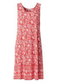 Robe rouge sans manches à imprimé floral avec un col rond, ornée d'un motif botanique blanc, une coupe décontractée et des accents horizontaux subtils à l'ourlet.