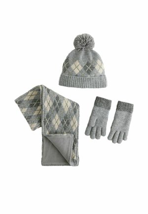 Szara wełniana czapka z pomponem, szalik w wzór argyle i pasujące rękawiczki bez palców, o miękkiej fakturze i kontrastujących odcieniach szarości.