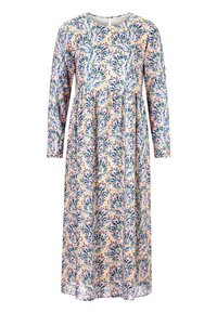 Vestido de mangas largas con estampado floral, colores pastel con patrones de plantas en azul y verde, escote redondo y silueta en A fluida.