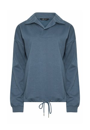 Blauwe langarmpullover met een kraag, V-vormige voornaad en verstelbare koord onderaan. Gemaakt van zachte stof en voorzien van geribde manchetten.