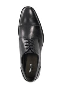 Black leather dress shoe featuring a square toe, lace-up design, smooth finish, and subtle stitching detail. Brand logo visible inside.