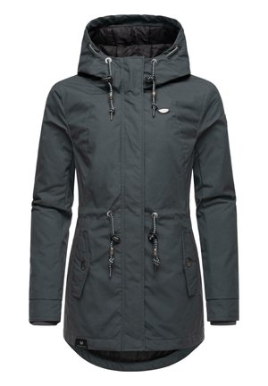 Dark gray waterproof jacket with a hood, adjustable drawstrings, two front pockets, and a textured interior lining.