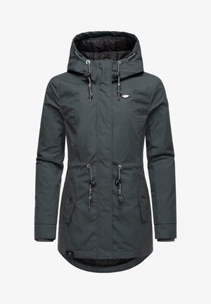 Dark gray waterproof jacket with a hood, adjustable drawstrings, two front pockets, and a textured interior lining.