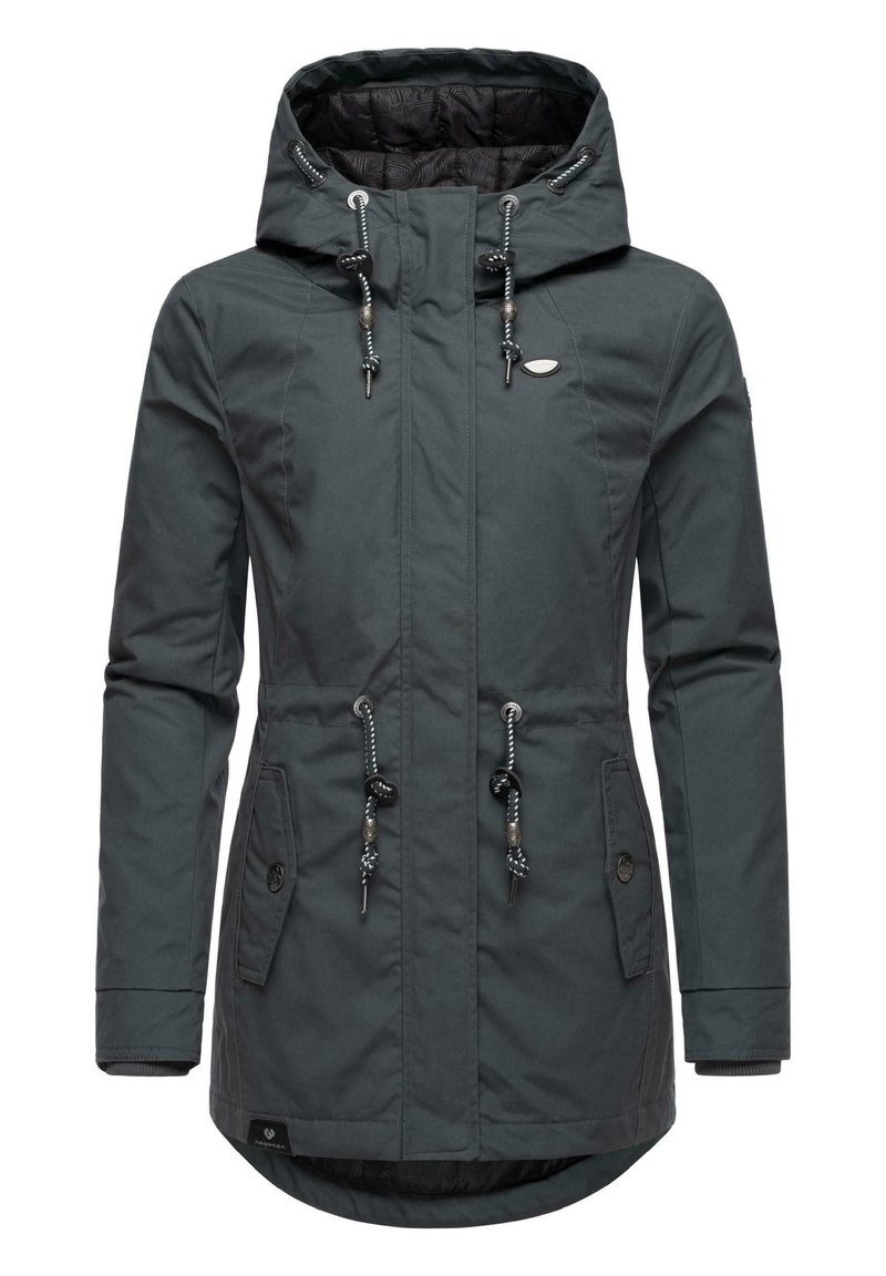 Dark gray waterproof jacket with a hood, adjustable drawstrings, two front pockets, and a textured interior lining.
