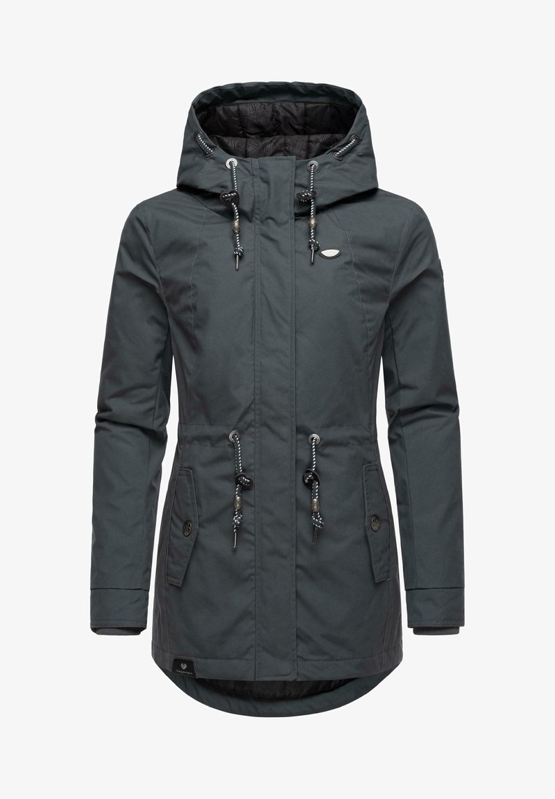 Dark gray waterproof jacket with a hood, adjustable drawstrings, two front pockets, and a textured interior lining.