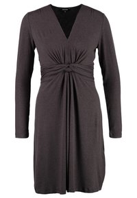 Robe à manches longues gris foncé avec col en V et détail de nœud froncé à la taille, arrivant à mi-cuisse.