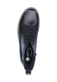 Black leather ankle boot with round toe, textured surface, black laces, and a beige rubber sole. Features pull tab and logo inside.