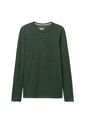 Halenka s dlouhým rukávem v tmavě zelené barvě, vyrobená z měkké texturované tkaniny. Má kulatý výstřih a rovný střih. Žádné viditelné vzory nebo kovové detaily.