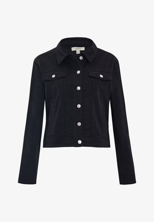 Zwarte denim jacket met een kraag, zilveren knopen, twee borstzakken en lange mouwen. Heeft een getailleerd ontwerp en lichte slijtage.