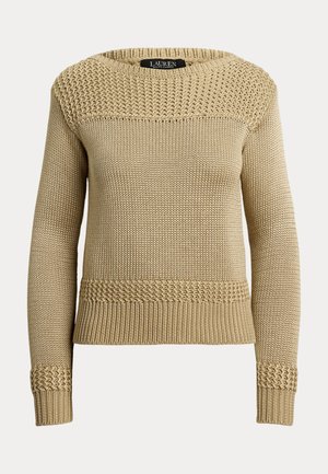 Beige knitted sweater with a rounded neckline, textured body, and ribbed hem. Features distinct patterns on sleeves and bottom.