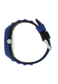 Blue silicone wristwatch with a black inner strap, silver crown, and a round white face. Features a textured bezel and buckle closure.