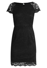 Schwarzes Spitzenkleid mit kurzen Ärmeln, tailliertem Schnitt, geschwungenem Saum und einem durchgehenden Blumenmuster im Stoff.