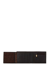 Cartera de cuero negro con múltiples ranuras para tarjetas, un bolsillo con cremallera y un forro interior marrón en contraste que presenta un patrón de logotipos. Diseño clásico.