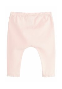 Leggings en coton rose clair avec une taille élastique et des détails en bordure festonnée. Texture douce, coupe slim et design longueur cheville.