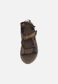 Sandales marron avec des sangles Velcro ajustables, semelle intérieure texturée et semelle en caoutchouc. Présente le logo Columbia en orange sur la sangle.