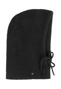 Căciulă din fleece neagră cu o textură moale, formă elongată, accent legat pe lateral și un mic logo metalic la bază.