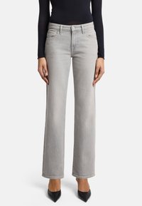 Gray wide-leg jeans made from denim, featuring a classic five-pocket design and a button closure. Smooth texture, with subtle fading details.
