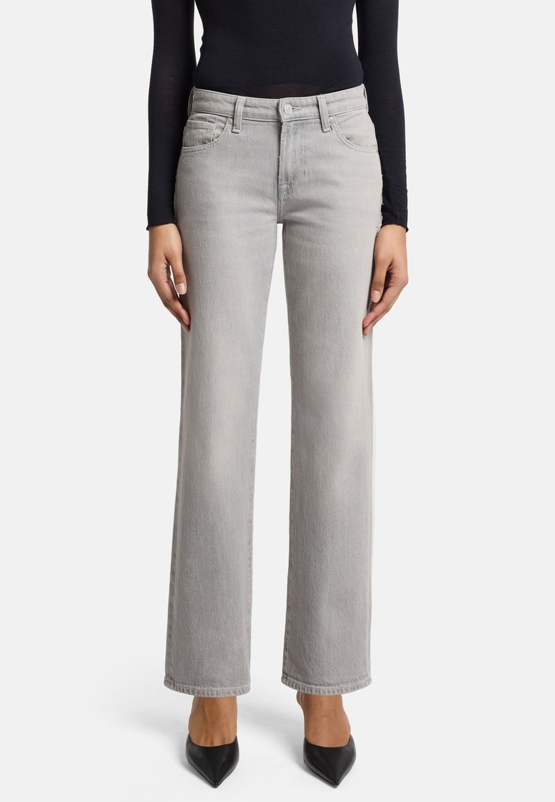 Gray wide-leg jeans made from denim, featuring a classic five-pocket design and a button closure. Smooth texture, with subtle fading details.