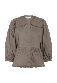 Braune Baumwollbluse mit Peplum-Silhouette, puffierten Ärmeln, gewellten Besätzen entlang Kragen und Saum sowie durchgehender Knopfleiste.