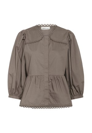 Blouse en coton marron avec une silhouette peplum, des manches bouffantes, une bordure festonnée le long du col et de l'ourlet, et une fermeture à boutons à l'avant.