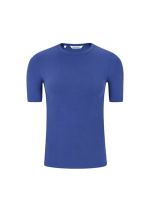 T-shirt a maniche corte in blu vivace, realizzata in tessuto a coste, con scollo rotondo e silhouette aderente. Nessun motivo o dettaglio aggiuntivo.