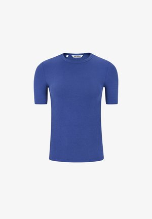 T-shirt a maniche corte in blu vivace, realizzata in tessuto a coste, con scollo rotondo e silhouette aderente. Nessun motivo o dettaglio aggiuntivo.