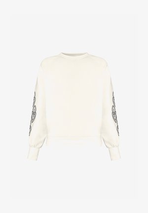 Felpa bianca a maniche lunghe con intricati motivi a cuore neri che corrono lungo entrambe le maniche, con polsini a costine e scollo rotondo.